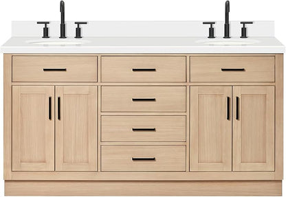 ARIEL Hepburn 66-inch Bathroom Vanity with Sink,Solid Wood, 1.5-inch Pure White Quartz Countertop & Backsplash, Double Oval Porcelain Sink, 4 Soft Closing Doors, 6 Dovetail Drawers, White Oak