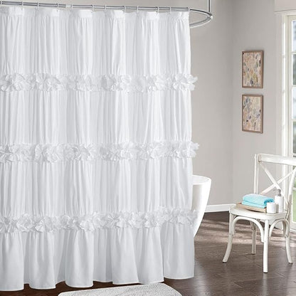 Homechoice Decor Victorian White Ruffle Shower Curtain with 12 Buttonholes | Vintage Handcrafted Bow Tie Bath Curtain for Master Bathroom, Ruched Microfiber Bathroom Curtain, 72" W x 84" H (LQ-10)