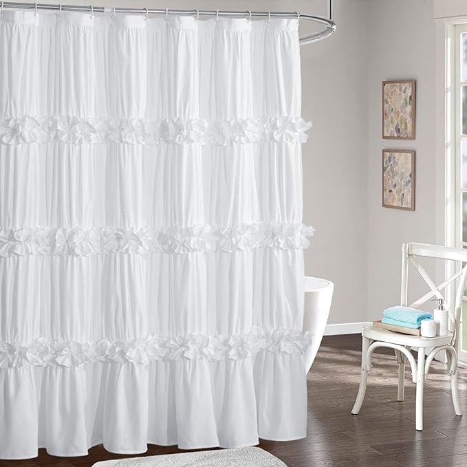 Homechoice Decor Victorian White Ruffle Shower Curtain 72" W x 96" H | Vintage Handcrafted Bow Tie Bath Curtain for Master Bathroom, Ruched Microfiber Bathroom Curtain with 12 Buttonholes (LQ-10)