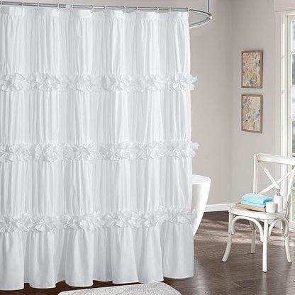 Homechoice Decor Victorian White Ruffle Shower Curtain 72" W x 96" H | Vintage Handcrafted Bow Tie Bath Curtain for Master Bathroom, Ruched Microfiber Bathroom Curtain with 12 Buttonholes (LQ-10)