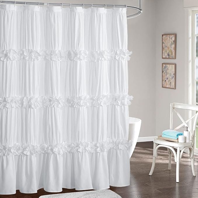 Homechoice Decor White Ruffle Shower Curtain, 72x78 | Long Bathroom Curtain with 12 Buttonholes, Vintage Handcrafted Bow Tie Bath Curtain for Master Bathroom (LQ-10)