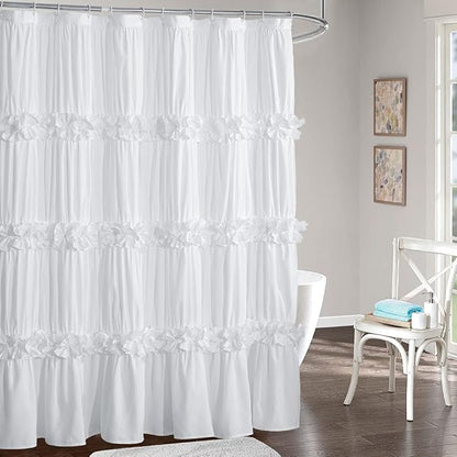 Victorian Ruffle Shower Curtain, 72" W x 72" H, White | Vintage Handcrafted Bow Tie Bath Curtain for Master Bathroom, Ruched Microfiber Bathroom Curtain with 12 Buttonholes (LQ-10)
