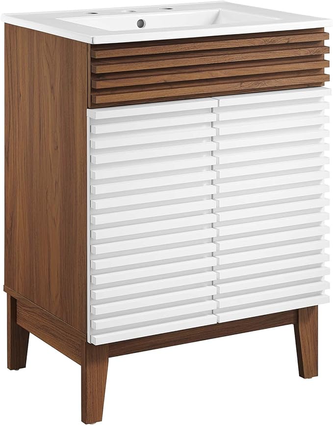 Modway Render Mid-Century Bathroom Vanity with Sink in White Walnut White