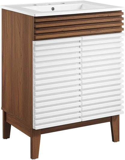 Modway Render Mid-Century Bathroom Vanity with Sink in White Walnut White