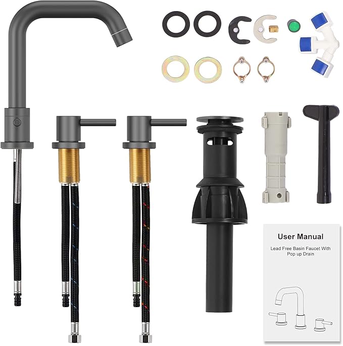 Bathroom Sink Faucet, Faucet for Bathroom Sink, Widespread Bathroom Faucet 3 Hole with Stainless Steel Pop Up Drain and cUPC Lead-Free Hose,Matte Black Bathroom Faucets