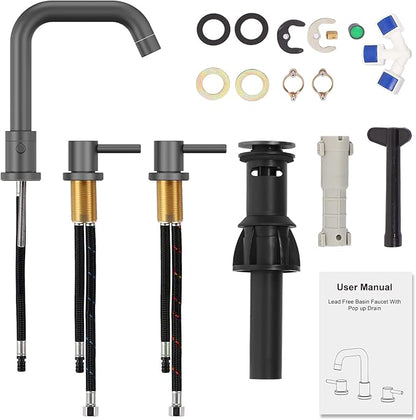 Bathroom Sink Faucet, Faucet for Bathroom Sink, Widespread Bathroom Faucet 3 Hole with Stainless Steel Pop Up Drain and cUPC Lead-Free Hose,Matte Black Bathroom Faucets