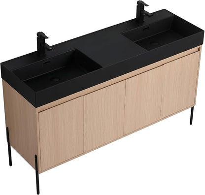 Crownpoint 60 Inch Bathroom Vanity with Sink, Black Double Sink, White Oak Finish, Full Assembly Required, Elegant Bathroom Vanities for Modern Homes
