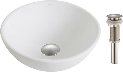 Kraus KCV-341-BN Modern Elavo Ceramic Small Round Vessel Bathroom Sink with Pop Up Drain, Brushed Nickel/White