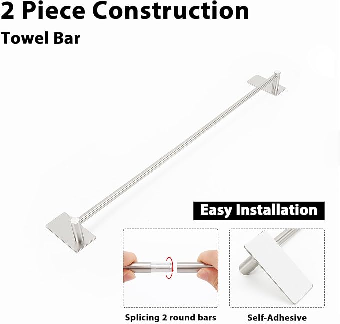 NearMoon Self Adhesive Bathroom Towel Bar- Stainless Steel Bath Wall Shelf Rack Hanging Towel Stick On Sticky Hanger Contemporary Style, NO Drilling (1 Pack, Brushed Nickel, 24-Inch Towel Rack)
