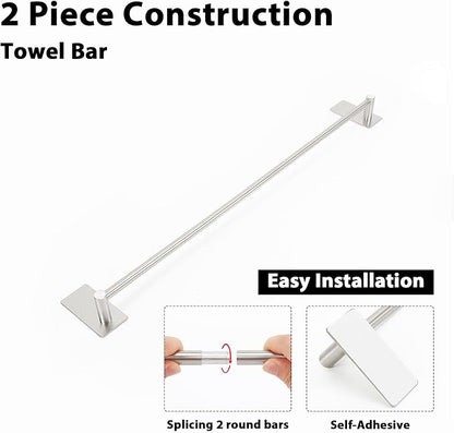 NearMoon Self Adhesive Bathroom Towel Bar- Stainless Steel Bath Wall Shelf Rack Hanging Towel Stick On Sticky Hanger Contemporary Style, NO Drilling (2 Pack, Brushed Nickel, 24-Inch Towel Rack)
