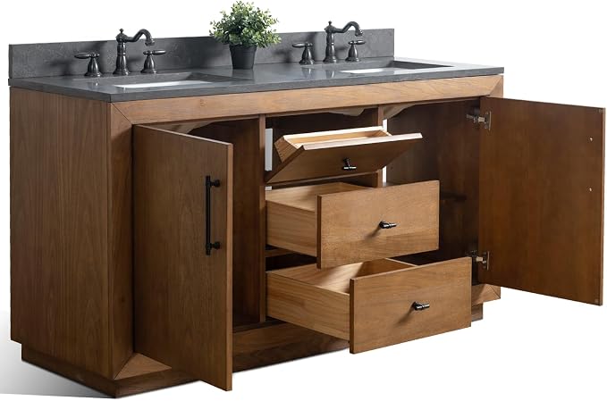 Vanity Art 60 inch Bathroom Vanity with Double Sink, Modern Wood Bath Vanity with Black Carrara Marble Top, Vanity Cabinet with Doors， Removable Shelf, Solid Wood Frame, Tan, VA7060DB