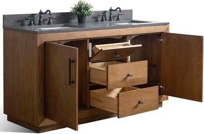 Vanity Art 60 inch Bathroom Vanity with Double Sink, Modern Wood Bath Vanity with Black Carrara Marble Top, Vanity Cabinet with Doors， Removable Shelf, Solid Wood Frame, Tan, VA7060DB