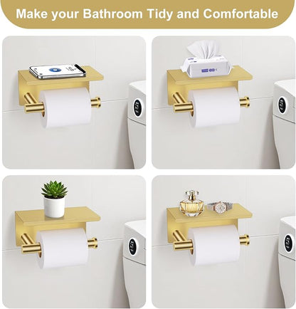Brushed Gold Bathroom Hardware Set, 5 Pieces Gold Towel Bar Bathroom Accessories, Upgraded Toilet Paper Holder with Shelf Set, 23.6 Inch Towel Rack Towel Holder for Bathroom Wall