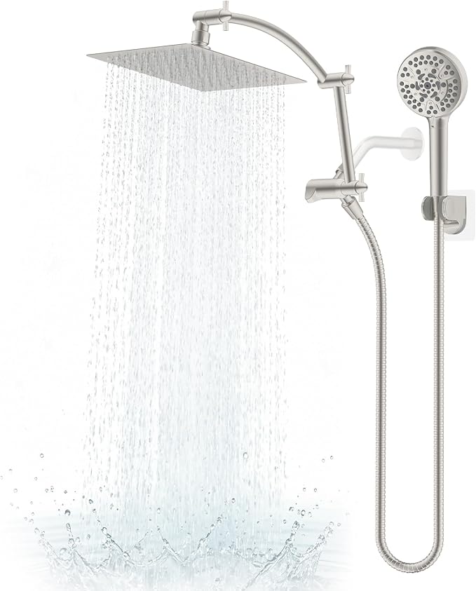Hibbent All Metal 8" High Pressure Rain Shower Head Combo, Brushed Nickel | cUPC Certified Rainfall Shower Head with handheld 10 Sprays, 16'' Adjustable Extension Arm, 71'' Hose, Showerhead Holder