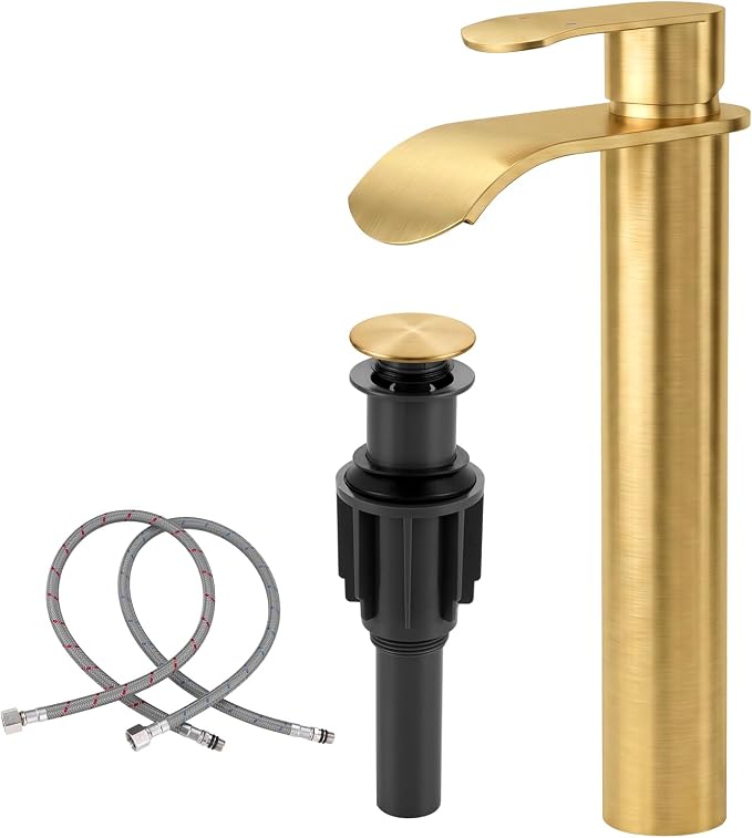Vessel Sink Faucet Gold for Bathroom：WOWOW Single Handle Tall Bathroom Faucet - Waterfall Single Hole Mixer Bar Tap with Large Rectangular Spout, Deck Mount Lavatory Vanity with Pop Up Drain