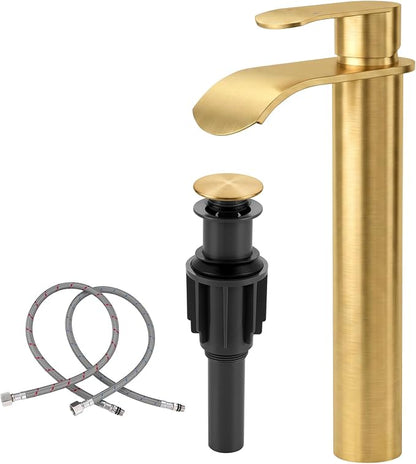Vessel Sink Faucet Gold for Bathroom：WOWOW Single Handle Tall Bathroom Faucet - Waterfall Single Hole Mixer Bar Tap with Large Rectangular Spout, Deck Mount Lavatory Vanity with Pop Up Drain