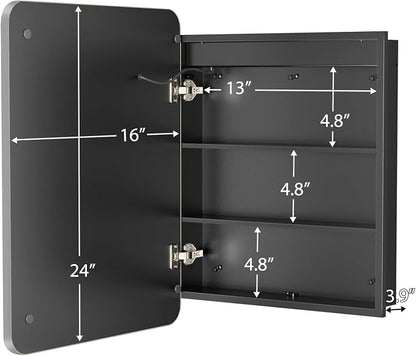 ROOMTEC 16 x 24 Inch Medicine Cabinet Mirror with LED Lights, Silver Bathroom Medicine Cabinet with Mirror and Storage, Recessed or Wall Mount, 3 Color Temperature, Dimmable Light