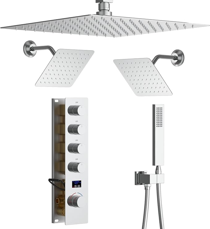 Polished Chrome Shower System with 3 Rain Shower Head(12+8+8 inch), Handheld Spray, 4 Way Smart Temperature Display Shower Faucet set