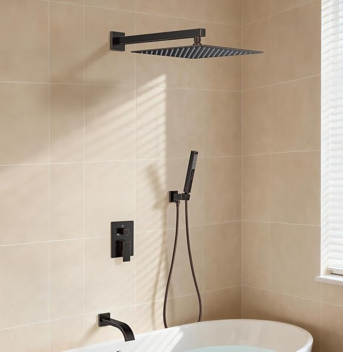Oil Rubbed Bronze Shower System with Tub Spout, Wall Mounted Bathtub Faucet Set, 12" Rainfall Shower Head and Handheld Shower Combo, High Pressure Shower Fixtures Set with Rough-in Valve