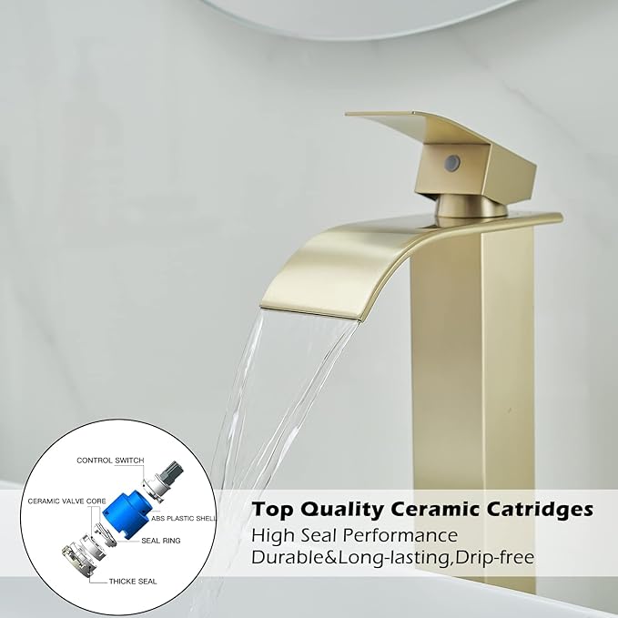BWE Vessel Sink Faucet Brushed Gold Faucet for Bathroom Sink Tall Waterfall Bathroom Faucet Single Handle One Hole Vanity Sink Faucet with Pop-up Drain