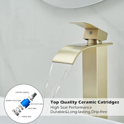 BWE Vessel Sink Faucet Brushed Gold Faucet for Bathroom Sink Tall Waterfall Bathroom Faucet Single Handle One Hole Vanity Sink Faucet with Pop-up Drain
