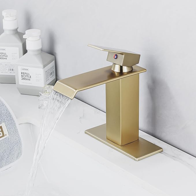 Brushed Gold Bathroom Faucet, Waterfall Bathroom Sink Faucet, Single Hole Deck Mounted Single Handle Lavatory Vanity with Pop Up Drain Parts Mixer Tap Basin Modern Bath