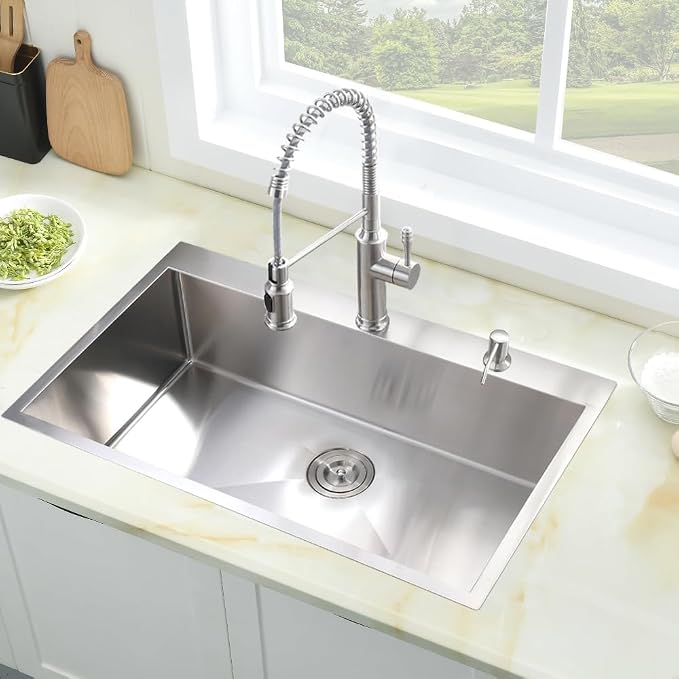 33x19 Drop in Kitchen Sink Single Bowl Stainless Steel Sink | 33 Inch Kitchen Sink Top Mount 16 Gauge Single Bowl Deep Basin with Drain Strainer