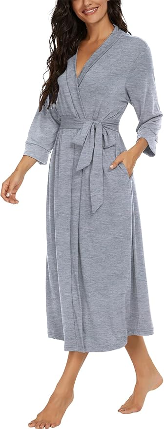 VINTATRE Women Kimono Robes Long Knit Bathrobe Lightweight Soft Knit Sleepwear V-neck Casual Ladies Loungewear