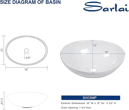 Sarlai Oval Vessel Sink - 16"x13" Bathroom Sink Oval Shape Above Counter White Porcelain Ceramic Bathroom Vessel Vanity Sink Art Basin