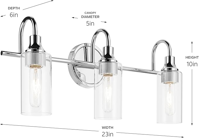 Kichler Kavi 23" 3-Light Vanity Light with Clear Glass in Chrome, Damp Rated, for Bathroom, Powder Room, Over a Mirror, (23" W x 10" H), 55211CH