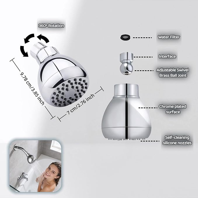 High Pressure Shower Head with 45 Self-Cleaning Nozzles, 360° Brass Ball Joint, Anti-Clogging & Leakproof, Powerful Jet for Low Water Pressure, SPA Rainfall Experience