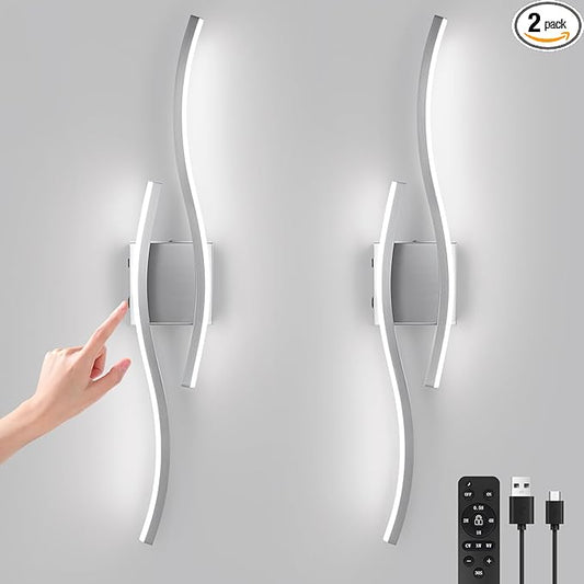 Modern LED Wall Sconce Set of Two, Dimmable Battery Powered Wall Sconces, 3000K-6500K LED Wireless Wall Light with Remote, Wall Lamp Indoor not Hardwired for Room Bedroom Corridor（Nickel）