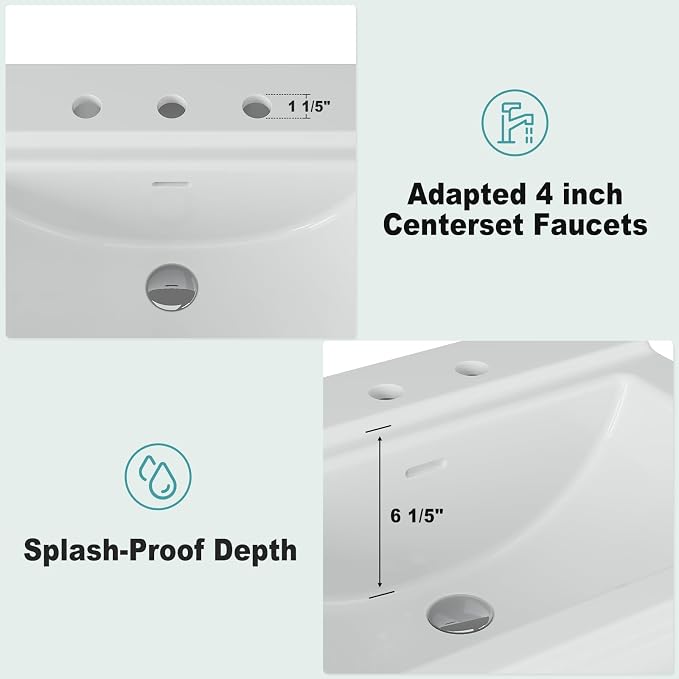 26" W X 20" D Bathroom Pedestal Sink, Rectangular White Ceramic Vanity Sink with Overflow and 3 Pre-Drilled Holes - Fits 8-Inch Faucets,Freestanding Restroom Sink Combo for Small Spaces
