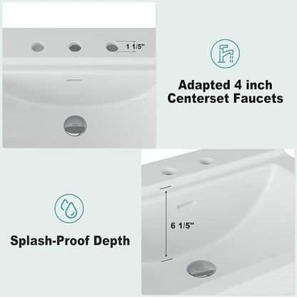 26" W X 20" D Bathroom Pedestal Sink, Rectangular White Ceramic Vanity Sink with Overflow and 3 Pre-Drilled Holes - Fits 8-Inch Faucets,Freestanding Restroom Sink Combo for Small Spaces