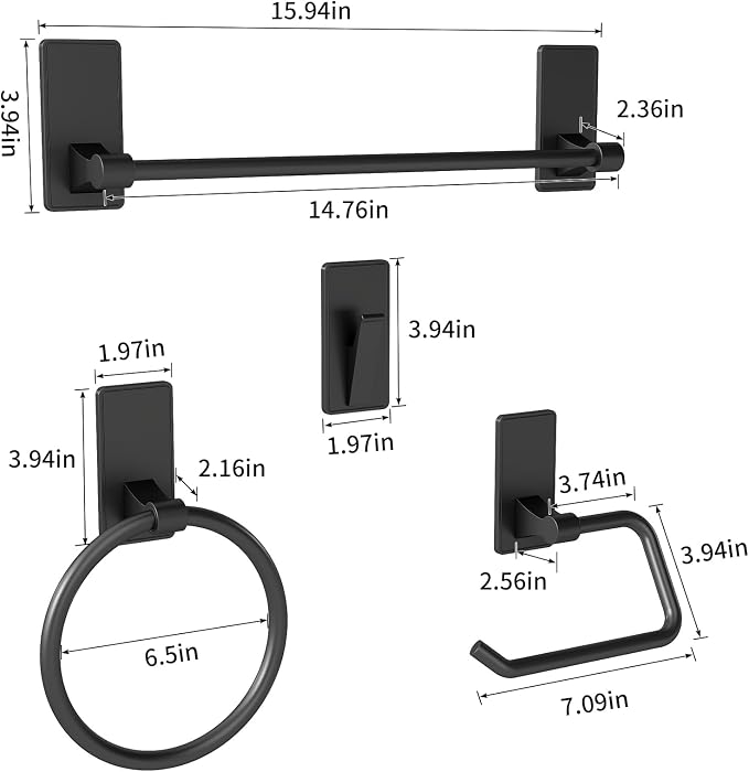 4 Pieces Bathroom Hardware Set, Stainless Steel Bathroom Accessory Set, 16 Inch Bath Towel Bar Set Self Adhesive Towel Racks for Bathroom Wall Mounted，Matte Black