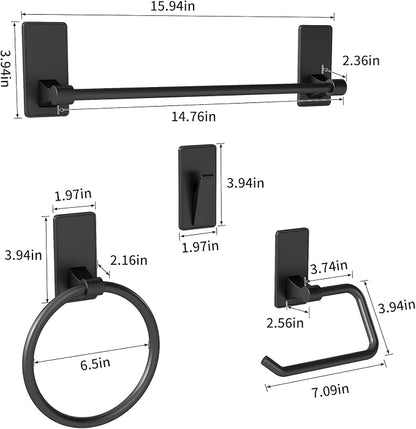 4 Pieces Bathroom Hardware Set, Stainless Steel Bathroom Accessory Set, 16 Inch Bath Towel Bar Set Self Adhesive Towel Racks for Bathroom Wall Mounted，Matte Black