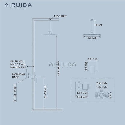 Airuida 10 Inch Matte Black Shower Faucet Set,Rainfall Shower System | Ceiling Shower Head,Male Thread Rough-in Valve,Ceiling Mount,Single Handle