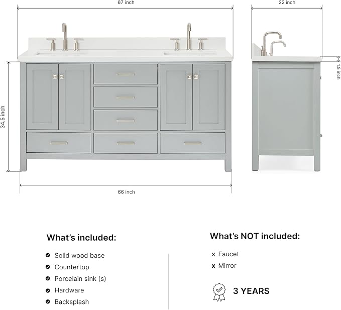 ARIEL Cambridge 66-inch Bathroom Vanity with Sink,Solid Wood, 1.5-inch Pure White Quartz Countertop & Backsplash, Double Rectangular Porcelain Sink, 4 Soft Closing Doors, 6 Dovetail Drawers, Grey
