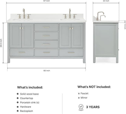 ARIEL Cambridge 66-inch Bathroom Vanity with Sink,Solid Wood, 1.5-inch Pure White Quartz Countertop & Backsplash, Double Rectangular Porcelain Sink, 4 Soft Closing Doors, 6 Dovetail Drawers, Grey