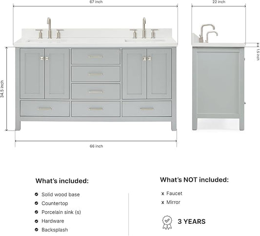ARIEL Cambridge 66-inch Bathroom Vanity with Sink,Solid Wood, 1.5-inch Pure White Quartz Countertop & Backsplash, Double Rectangular Porcelain Sink, 4 Soft Closing Doors, 6 Dovetail Drawers, Grey