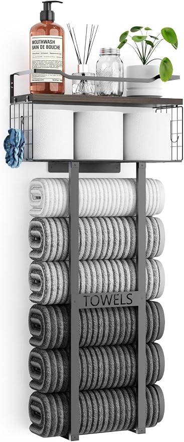 Large Towel Rack & Bathroom Towel Holder - Wall Mounted Metal Rack with Wooden Floating Shelf, Small Bathroom Towel Storage, Easy Holds 6 Large Rolled Towels, Black with Brown Plank