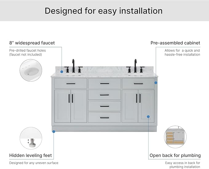 ARIEL Hepburn 66-inch Bathroom Vanity with Sink,Solid Wood, 0.75-inch Italian Carrara Marble Countertop & Backsplash, Double Oval Porcelain Sink, 4 Soft Closing Doors, 6 Dovetail Drawers, Grey