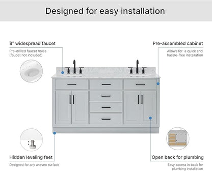 ARIEL Hepburn 66-inch Bathroom Vanity with Sink,Solid Wood, 0.75-inch Italian Carrara Marble Countertop & Backsplash, Double Oval Porcelain Sink, 4 Soft Closing Doors, 6 Dovetail Drawers, Grey