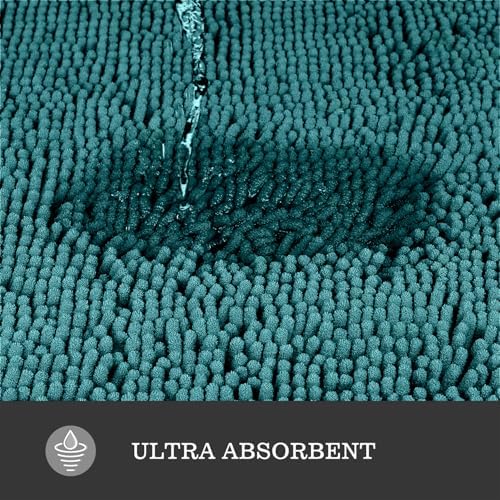 Yeaban Chenille Teal Bathroom Rug 17"x24", Non-Slip Rubber Backing