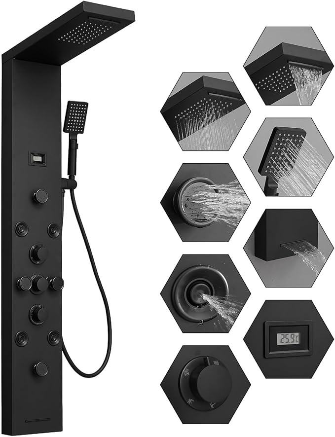 BWE Stainless Steel Shower Panel Tower System,Rainfall Waterfall Shower Head,3 Functions Handheld Shower Head,Two Modes Massage Body Jets,with Tub Spout,5 in 1 Shower Panel System,Matte Black