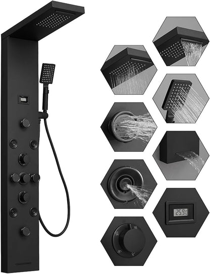 BWE Stainless Steel Shower Panel Tower System,Rainfall Waterfall Shower Head,3 Functions Handheld Shower Head,Two Modes Massage Body Jets,with Tub Spout,5 in 1 Shower Panel System,Matte Black