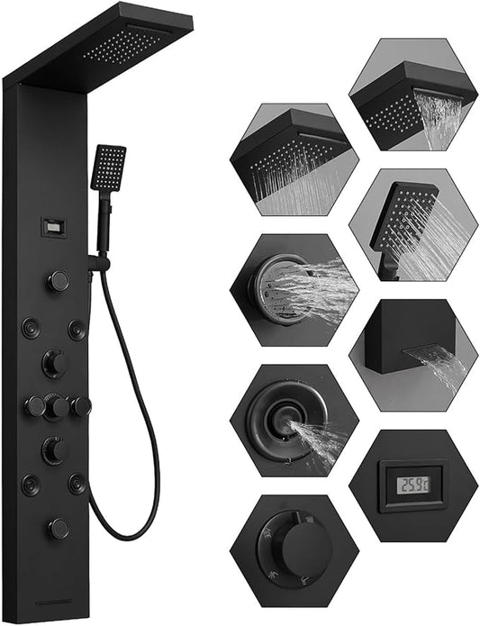 BWE Stainless Steel Shower Panel Tower System,Rainfall Waterfall Shower Head,3 Functions Handheld Shower Head,Two Modes Massage Body Jets,with Tub Spout,5 in 1 Shower Panel System,Matte Black