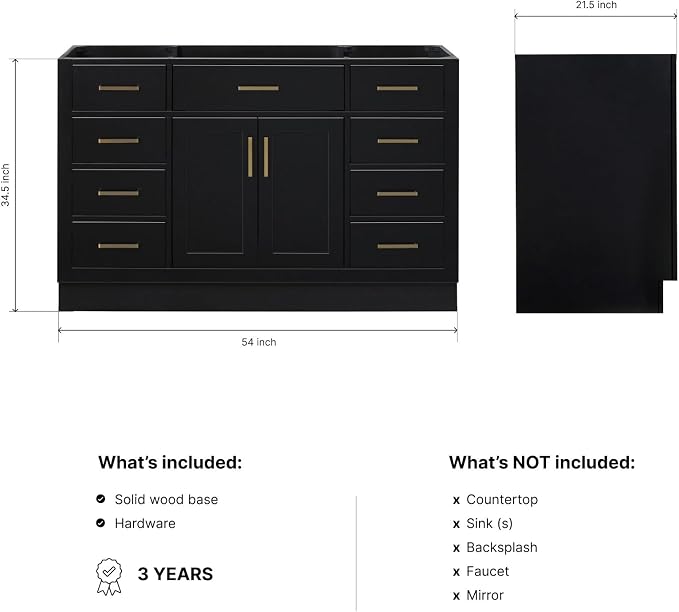 ARIEL Hepburn 54-inch Bathroom Vanity Base Cabinet,Solid Wood, 2 Soft Closing Doors, 9 Dovetail Drawers, Black