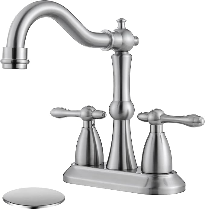Brushed Nickel Bathroom Sink Faucet, Stainless Steel Centerset Antique Bathroom Faucet with Drain and Supply Hose,4 in Brushed Nickel Sink Faucet for Bathroom