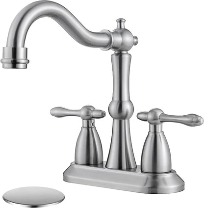 Brushed Nickel Bathroom Sink Faucet, Stainless Steel Centerset Antique Bathroom Faucet with Drain and Supply Hose,4 in Brushed Nickel Sink Faucet for Bathroom